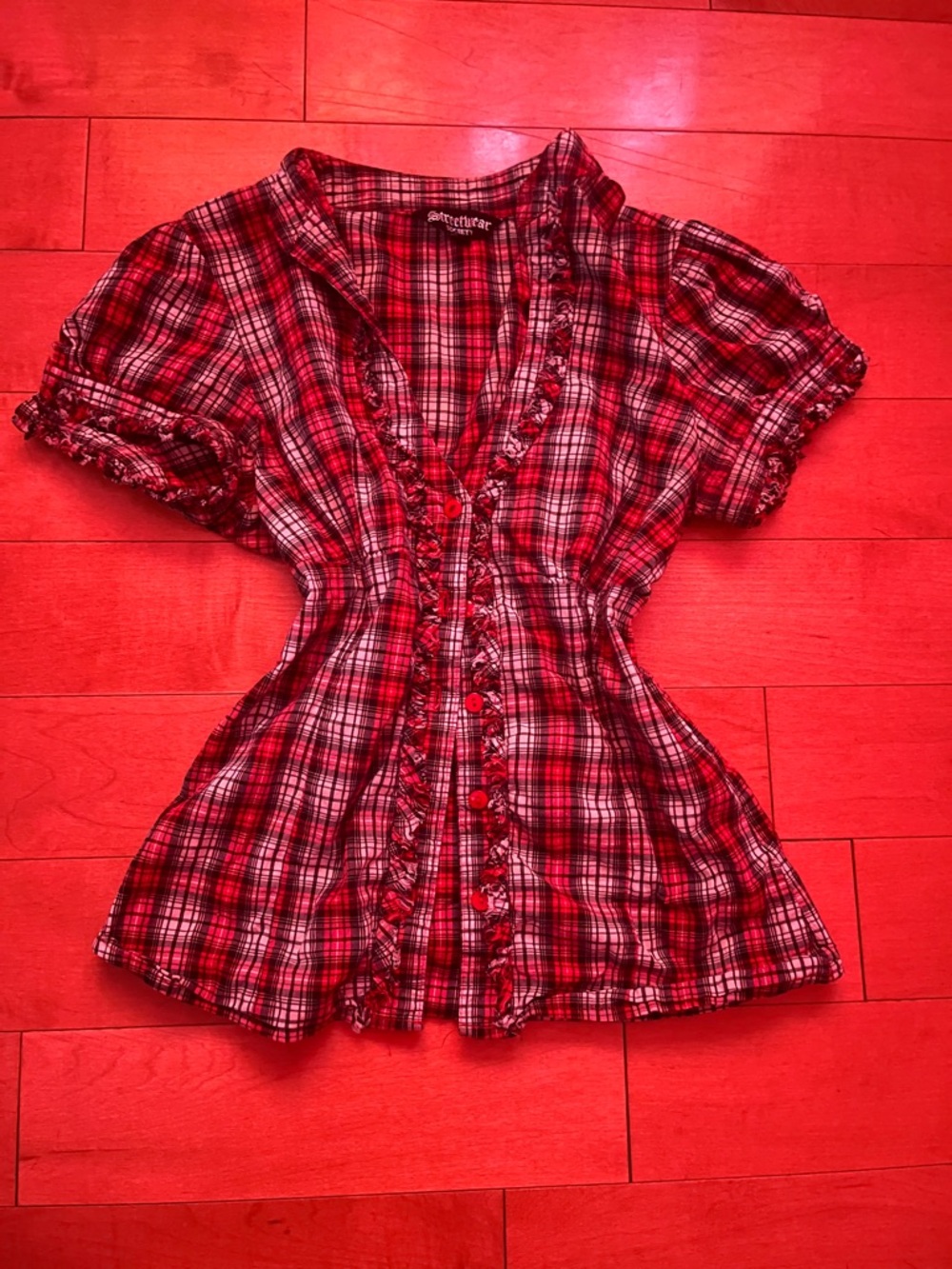 Streetwear Society Red Black Plaid Button-Up Shirt - Picture 1 of 2